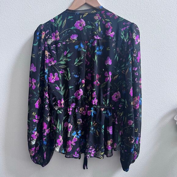 Nicole Miller Floral Printed V-Neck Sheer Puff Sleeve Black Purple Career Top - Picture 2 of 9